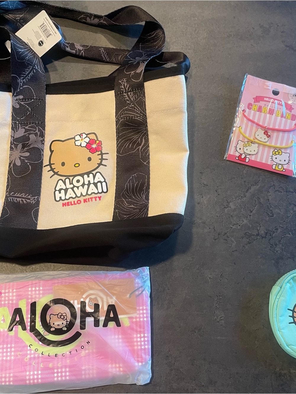 Hello Kitty Cream & Black Aloha Hawaii Tote Bag and pouches
